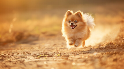 Full body shot of a Pomeranian, happily running in the soft sunlight.