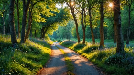 Naklejka premium Sunlit Path Through a Forest.