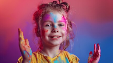 Portrait of a cute, smiling girl with paint painted on her face. Have fun playing shots.