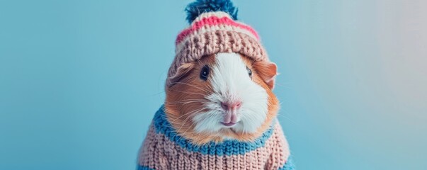 Guinea pig wearing knitted sweater and hat on blue background, cute animal winter fashion concept