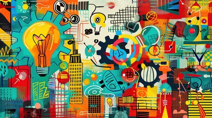 Obraz premium Dynamic and vibrant collage of abstract innovation and creativity elements including light bulbs, gears, circuit boards, digital icons, and handdrawn illustrations against an urban background with sky
