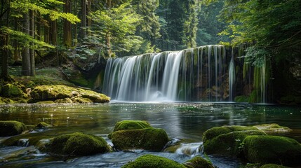 Fototapeta premium A tranquil waterfall in a secluded forest, with moss-covered rocks and tall green trees surrounding the scene