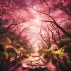 A small path that leads into a beautiful cherry blossom forest.
