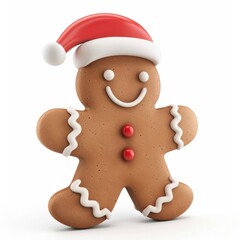 3d Illustration of cute Christmas gingerbread cookie man with red Santa hat isolated on a white background