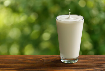 glass of milk with splash and drop on table with green garden on the background