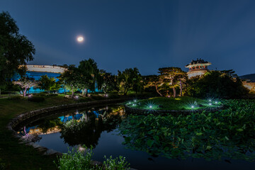 Night view of Hwaseong Fortress, Traditional Architecture of Korea in Suwon, South Korea	
