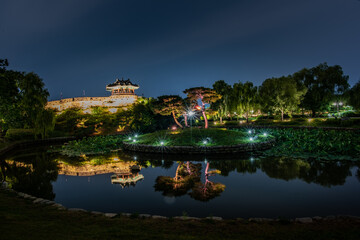 Night view of Hwaseong Fortress, Traditional Architecture of Korea in Suwon, South Korea	
