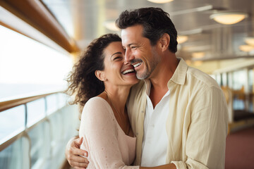 Attractive Hispanic couple laughing together on a cruise ship