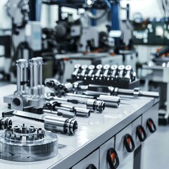 Shining factory surfaces, tools in designated places, high angle, soft light, pristine and organized atmosphere, isolated on white background,