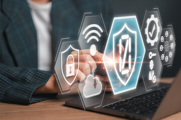 Illustration of zero trust cybersecurity concept with digital shield, network icons, and a person...