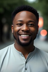 Fototapeta premium a handsome black, african american, man smiling, head shot, portrait, Joyful, Confident, Radiant, Cheerful, Warm, Attractive, Friendly, Genuine, Positive, Relaxed, Natural, Candid, Bright, Charming