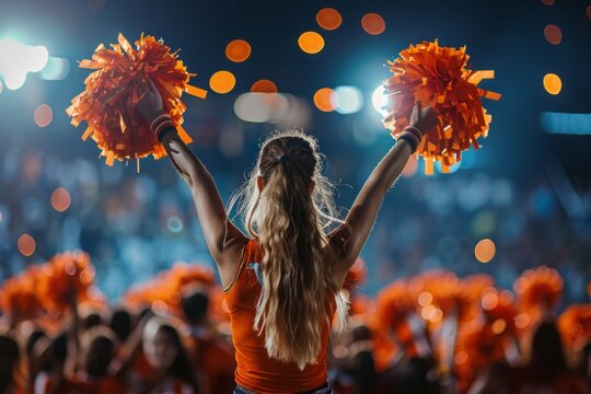 Energetic cheerleader with orange pom poms performing dance at sports event, back view