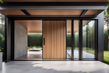 Obraz premium Modern main entrance door. bali minimalist style exterior of villa in forest.