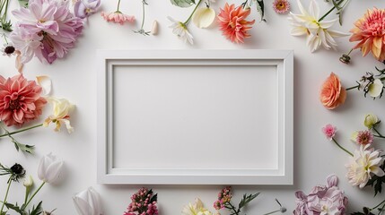Empty white photo frame surrounded by pastel-colored flowers on a white background
