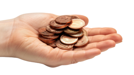 Saving money. Stack coins in hand on transparent background
