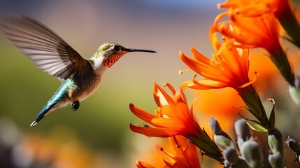 Fototapeta premium The image shows a hummingbird hovering near a cactus with orange flowers, captured in mid-flight