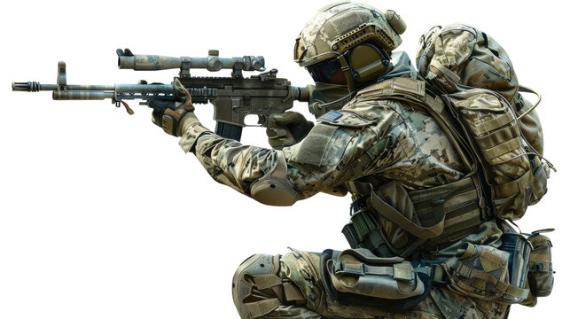Military soldier holding weapon on transparent background