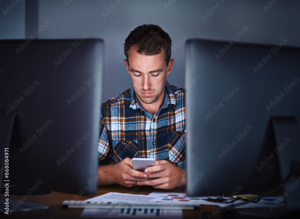 Leinwandbilder Programmer, phone and text of business man at computer with social media, app and scroll in office. Night, desk and mobile networking with digital search, website and coding check for ui update