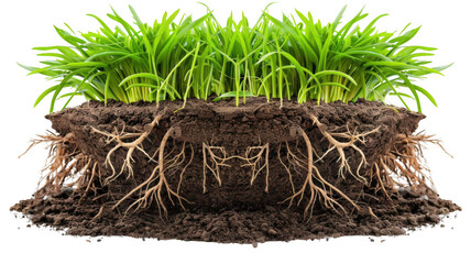 Fototapeta premium Grass Roots Close-up, Dense grass with intricate root structure, Ground Ecology on a transparent background.