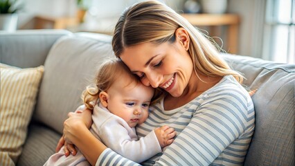 happy mother hugging little baby girl at home