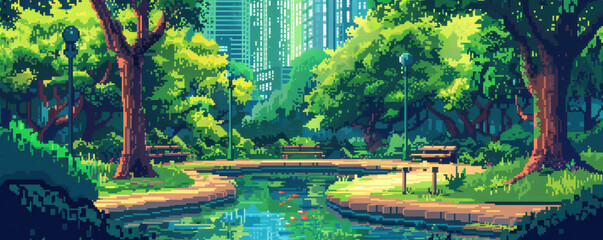 Obraz premium Pixelated city park with detailed trees and pathways, pixel urban, green oasis