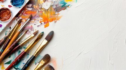 Obraz premium Blank space with paint brushes and watercolor palette on white backdrop room for text