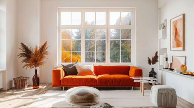 Contemporary living room in autumn colours, digital art