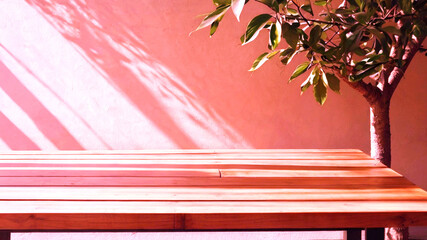 Empty wood table top on beige wall texture with tree leaves shadow background


