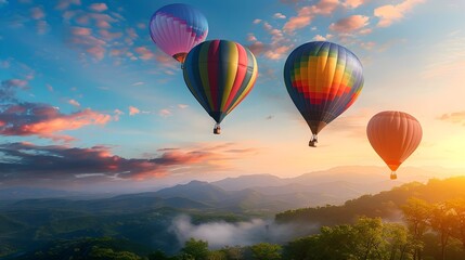 Obraz premium Colorful Hot Air Balloons Soar Over Majestic Mountain Landscape at Breathtaking Sunrise or Sunset