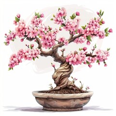Cherry Blossom Bonsai Tree Watercolor Illustration, Delicate watercolor illustration of a cherry blossom bonsai tree in a pot, featuring pink flowers and intricate branches.
