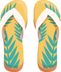 Fototapeta premium Yellow flip flops with tropical pattern standing on white background, ready for summer vacation