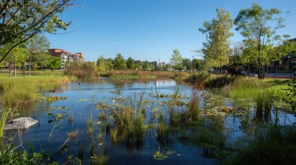 Fototapeta premium A serene urban wetland area that serves as a floodplain and a recreation spot.
