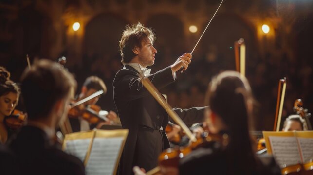 Elegant Conductor Leading Symphony Orchestra in Majestic Concert Hall