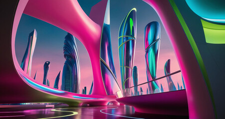 A futuristic cityscape with buildings in unconventional shapes and vibrant colors, showcasing dynamic dimensions and perspectives