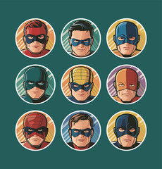Superheroes printable stickers clipart vector illustration set