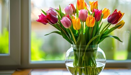 Colorful Tulips in a Glass Vase by a Window
