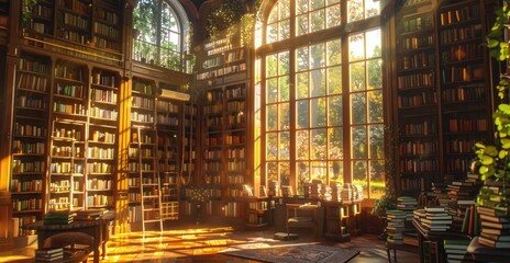 Rows of books in a college, university or school educational library background. Old textbooks on bookshelves. Concept of knowledge, education and learning. Sun light shine from big window.