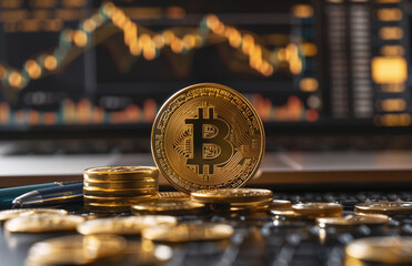 golden bitcoin logo surrounded by coins