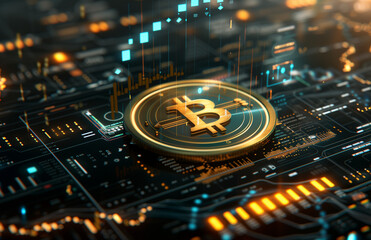 golden bitcoin logo surrounded by coins