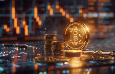 golden bitcoin logo surrounded by coins