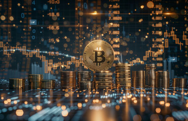 golden bitcoin logo surrounded by coins