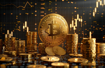 golden bitcoin logo surrounded by coins
