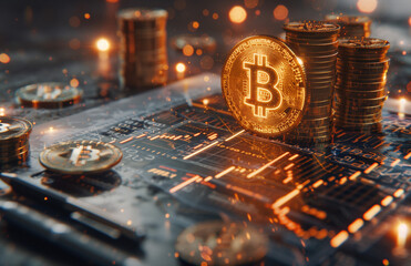 golden bitcoin logo surrounded by coins