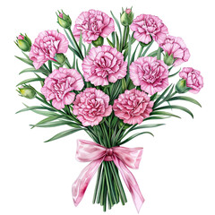 Obraz premium Pink Carnation Bouquet with Ribbon Illustration, Watercolor illustration of a pink carnation bouquet tied with a ribbon, showcasing delicate petals and lush green stems. 