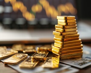 Stacked gold bars with a financial market chart background, symbolizing wealth, investment, and economic stability.