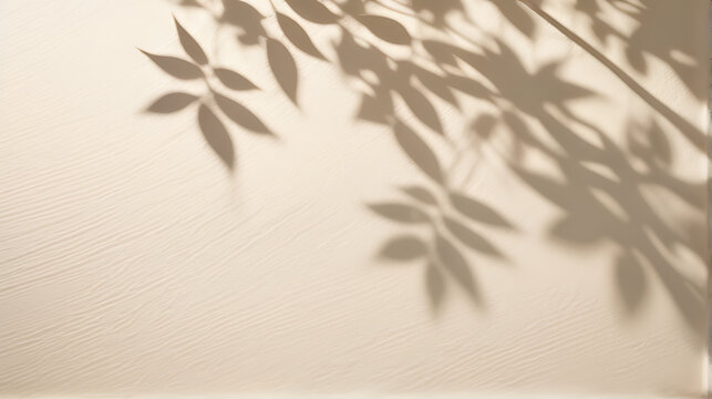 Beautiful texture of beige brown luxury, smooth stucco wall with soft foliage dappled light of tropical tree leaf shadow 