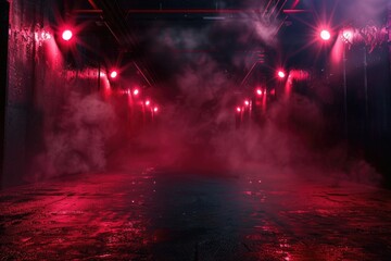Naklejka premium Dark empty street with neon lights and smoke filled studio room.
