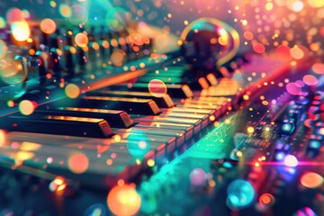 Colorful music background with notes and digital concept illustration.