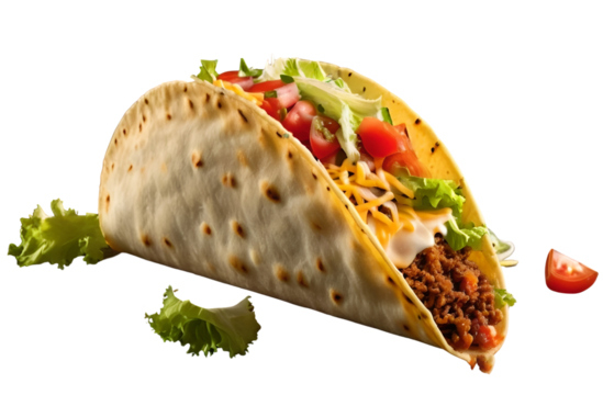 Mexican taco recipe with a crispy shell, topped with shredded cheese, lettuce, tomato, and salsa good for health isolated on white background