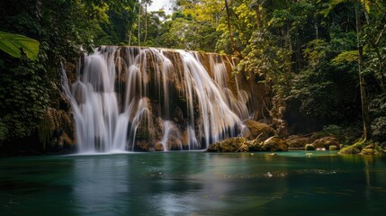 A serene waterfall flowing into a tranquil pool, surrounded by dense greenery and tall trees